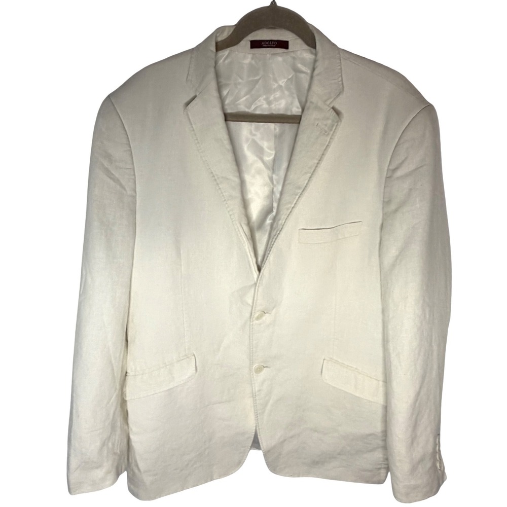 Adolfo Blazer Men 44R White 100% Linen Two Button Sport Coat Coastal Summer